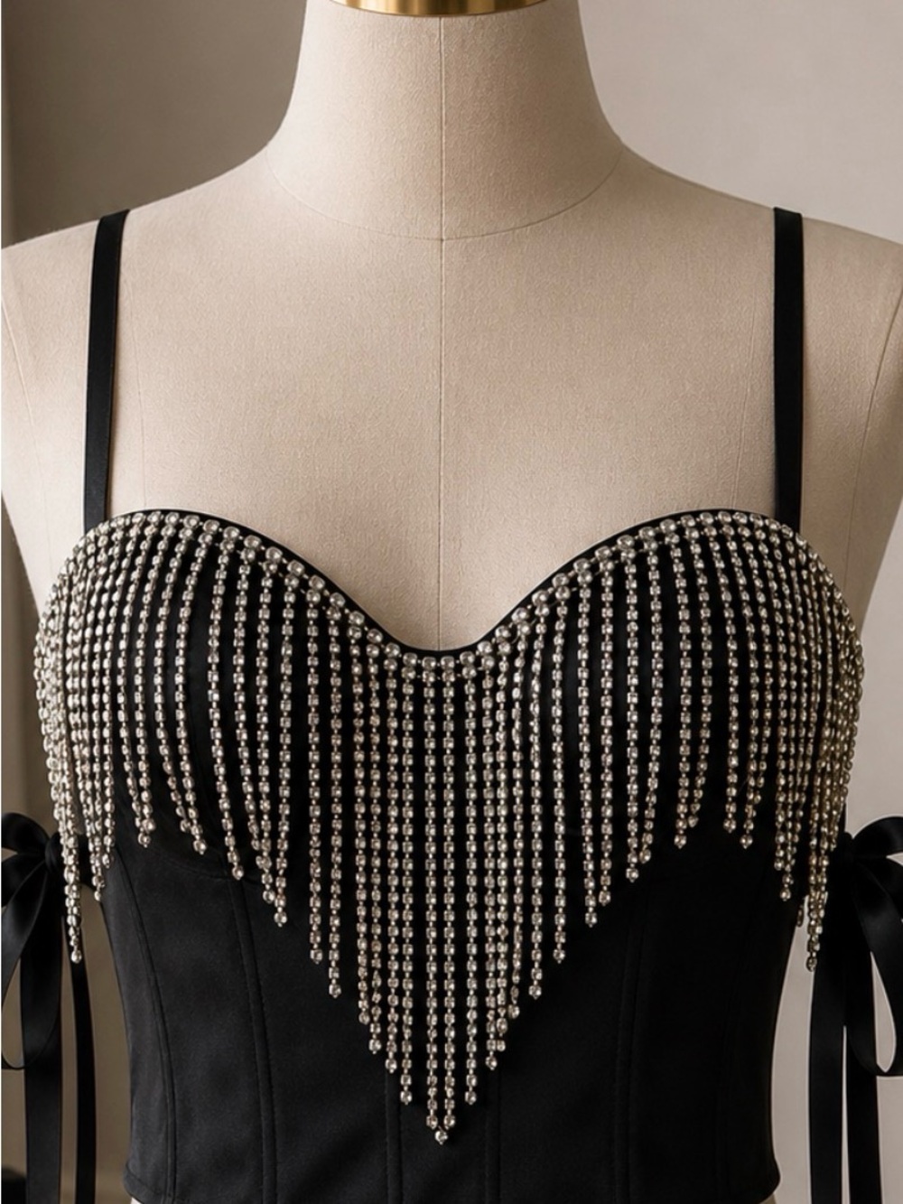 Say What? Black Bustier Top with Gold Beaded Fringe